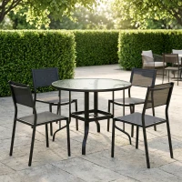 Outsunny 38" Round Patio Table with Umbrella Hole, Tempered Glass Outdoor Dining Table, Black(m-7)