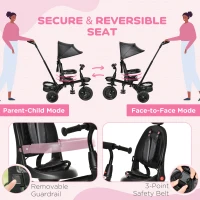 Qaba Kids Tricycle, 4 in 1 Foldable Trike with Reversible Seat, Adjustable Parent Handle, Safety Harness, Wheel Brakes, Removable Canopy, Storage, Tricycle for Toddlers 1-5 Years, Black(m-5)