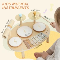 Qaba Toddler Drum Set, 4-in-1 Musical Instruments for Kids 2+, Gifts for Girls Boys Birthday, Natural Wood(m-4)