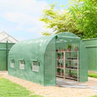 Outsunny 15' x 6.6' x 6.6' Walk-in Tunnel Greenhouse Garden Plant Seed Growing Warm House Outdoor Hot House w/ Roll Up Door, Windows, PE Cover Green(m-8)