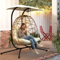 Outsunny Double Wicker Egg Swing Chair with Canopy, Foldable Hanging Egg Chair with Stand Cushion Headrest, Beige(m-10)