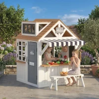 Qaba Outdoor Playhouse, Wooden Kids Playhouse with Dog Door, Cookware, Blackboard, Bench, Doorbell for Ages 2+(m-8)