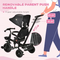 Qaba Kids Tricycle, 4 in 1 Foldable Trike with Reversible Seat, Adjustable Parent Handle, Safety Harness, Wheel Brakes, Removable Canopy, Storage, Tricycle for Toddlers 1-5 Years, Black(m-6)