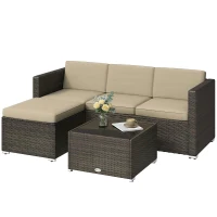 Outsunny 3 Pieces Patio Furniture Set with Cushions, Outdoor PE Rattan Wicker Conversation Corner Sofa Set, Khaki(m-2)