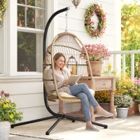 Outsunny Wicker Egg Swing Chair with Stand, Foldable Hanging Egg Chair with UV Resistant Cushion, Headrest, Beige(m-8)