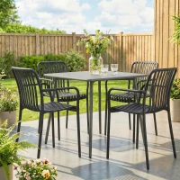 Outsunny Stackable Patio Chairs Set of 4, Outdoor Dining Chairs with Slatted Seat, Curved Backrest, Armrests, Black(m-8)