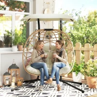 Outsunny Double Wicker Egg Swing Chair with Canopy, Foldable Hanging Egg Chair with Stand Cushion Headrest, Beige(m-1)