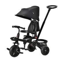 Qaba Kids Tricycle, 4 in 1 Foldable Trike with Reversible Seat, Adjustable Parent Handle, Safety Harness, Wheel Brakes, Removable Canopy, Storage, Tricycle for Toddlers 1-5 Years, Black(m-11)