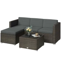 Outsunny 3 Pieces Patio Furniture Set with Cushions, Outdoor PE Rattan Wicker Conversation Corner Sofa Set, Dark Grey(m-2)