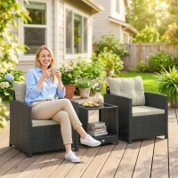 Outsunny Outdoor Bistro Set, 3 Piece Wicker Patio Furniture Set with 2-Tier Glass Top Table, Cushions for Porch, Balcony, Beige(m-9)