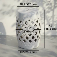 Outsunny 18" Ceramic Garden Stool with Woven Lattice Design, Indoor & Outdoor Decorative Accent Stool, White(m-3)