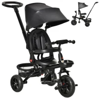 Qaba Tricycle for Toddler 4 in 1 Kids Trike, Foldable Converts Stroller to Toddler Bike, Adjustable Backrest & Curved Canopy, Detachable Guardrail & Handle for 1-5 Years Old, Black(m-2)