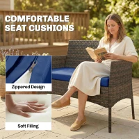 Outsunny 4 Pieces Wicker Outdoor Balcony Furniture Set Rattan Patio Furniture Set with Loveseat Chairs Glass Coffee Table Navy Blue(m-6)
