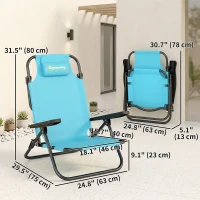 Outsunny Set of 2 Beach Chair 5-Position Adjustable Folding Camping Chair with Headrest Armrests Light Blue(m-3)