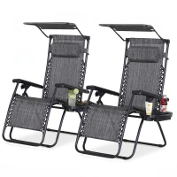 Outsunny Zero Gravity Chair Set of 2 with Canopy Shade, Outdoor Folding Lounge Chair with Side Tray, Cup Holder, Reclining Lounger with Breathable Mesh Seat and Pillow, Dark Grey(m-2)