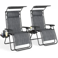 Outsunny Zero Gravity Chair Set of 2 with Canopy Shade, Outdoor Folding Lounge Chair with Side Tray, Cup Holder, Reclining Lounger with Breathable Mesh Seat and Pillow, Dark Grey(m-11)