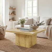 HOMCOM Square Coffee Table, Center Table with 1.6" Thick Tabletop, Natural Wood(m-9)
