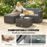 Outsunny 3 Pieces Patio Furniture Set with Cushions, Outdoor PE Rattan Wicker Conversation Corner Sofa Set, Dark Grey(m-6)