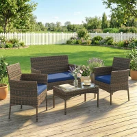 Outsunny 4 Pieces Wicker Outdoor Balcony Furniture Set Rattan Patio Furniture Set with Loveseat Chairs Glass Coffee Table Navy Blue(m-8)