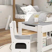 Qaba 3 Piece Kids Table and Chair Set with Reversible Tabletop, Blackboard, Storage, Bookshelf, for Playroom, Nursery, Grey(m-9)