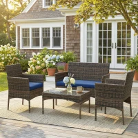 Outsunny 4 Pieces Wicker Outdoor Balcony Furniture Set Rattan Patio Furniture Set with Loveseat Chairs Glass Coffee Table Navy Blue(m-9)