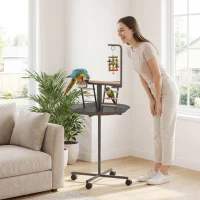 PawHut Bird Stand with Wheels Parrot Play Stand with Round Tray Stainless Steel Feed Bowls Indoor Outdoor Dark Gray(m-8)