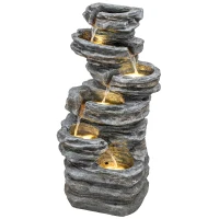 Outsunny 40" Tall Outdoor Waterfall Fountain with LED Lights, 6-Tier Cascading Waterfall Feature, Resin Garden Fountain, Gray(m-1)