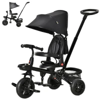 Qaba Tricycle for Toddler 4 in 1 Kids Trike, Foldable Converts Stroller to Toddler Bike, Adjustable Backrest & Curved Canopy, Detachable Guardrail & Handle for 1-5 Years Old, Black(m-11)