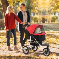 PawHut Pet Stroller for Small Dogs, 3 Rubber Wheels Pet Jogger, One-click Easy Folding All-Terrain Dog Stroller, Adjustable Canopy, Zippered Mesh Window Door, Storage Basket, Red(m-8)