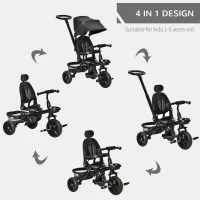 Qaba Tricycle for Toddler 4 in 1 Kids Trike, Foldable Converts Stroller to Toddler Bike, Adjustable Backrest & Curved Canopy, Detachable Guardrail & Handle for 1-5 Years Old, Black(m-4)