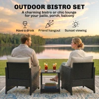 Outsunny Outdoor Bistro Set, 3 Piece Wicker Patio Furniture Set with 2-Tier Glass Top Table, Cushions for Porch, Balcony, Beige(m-4)