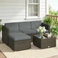 Outsunny 3 Pieces Patio Furniture Set with Cushions, Outdoor PE Rattan Wicker Conversation Corner Sofa Set, Dark Grey(m-1)