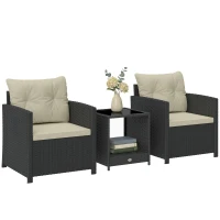Outsunny Outdoor Bistro Set, 3 Piece Wicker Patio Furniture Set with 2-Tier Glass Top Table, Cushions for Porch, Balcony, Beige(m-11)