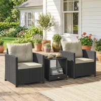 Outsunny Outdoor Bistro Set, 3 Piece Wicker Patio Furniture Set with 2-Tier Glass Top Table, Cushions for Porch, Balcony, Beige(m-8)