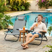 Outsunny Set of 2 Beach Chair 5-Position Adjustable Folding Camping Chair with Headrest Armrests Light Grey(m-8)