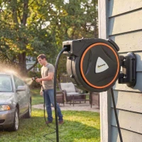 Outsunny Retractable Garden Hose Reel, 1/2" x 59ft Wall Mounted Hose Reel with 12-Pattern Nozzles, Auto Retraction, Self-Locking(m-10)