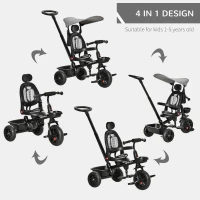 Qaba Tricycle for Toddler 4 in 1 Kids Trike, Converts Stroller to Toddler Bike, Adjustable Backrest & Flat Canopy, Detachable Guardrail & Handle for 1-5 Years Old, Grey(m-4)