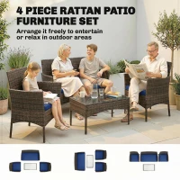 Outsunny 4 Pieces Wicker Outdoor Balcony Furniture Set Rattan Patio Furniture Set with Loveseat Chairs Glass Coffee Table Navy Blue(m-4)