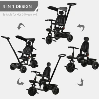 Qaba Tricycle for Toddler 4 in 1 Kids Trike, Converts Stroller to Toddler Bike, Adjustable Backrest & Flat Canopy, Detachable Guardrail & Handle for 1-5 Years Old, Black(m-4)