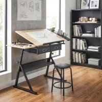 HOMCOM Adjustable Drafting Table, Art Desk Drawing Table Workstation with Stool and Storage Drawers for Painting, Oak(m-1)