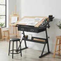 HOMCOM Adjustable Drafting Table, Art Desk Drawing Table Workstation with Stool and Storage Drawers for Painting, Oak(m-8)