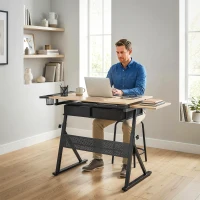 HOMCOM Adjustable Drafting Table, Art Desk Drawing Table Workstation with Stool and Storage Drawers for Painting, Oak(m-10)