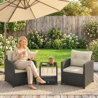 Outsunny Outdoor Bistro Set, 3 Piece Wicker Patio Furniture Set with 2-Tier Glass Top Table, Cushions for Porch, Balcony, Beige(m-10)