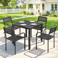 Outsunny Outdoor Dining Set for 4, Faux Wood Metal Patio Table and Stackable Chairs with Plastic Rattan Effect Seat, Black