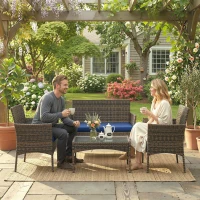 Outsunny 4 Pieces Wicker Outdoor Balcony Furniture Set Rattan Patio Furniture Set with Loveseat Chairs Glass Coffee Table Navy Blue(m-1)