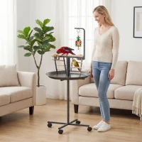 PawHut Bird Stand with Wheels Parrot Play Stand with Round Tray Stainless Steel Feed Bowls Indoor Outdoor Dark Gray(m-2)
