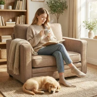 HOMCOM Accent Chair, Velvet-feel Fabric Armchair with Wide Seat, Spring Cushion, Solid Wood legs, Brown(m-1)