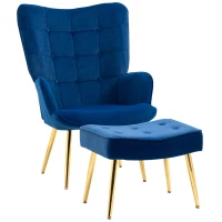 HOMCOM Modern Accent Chair with Ottoman, Upholstered Armchair with Footrest, Gold Metal Legs for Living Room, Bedroom, Dark Blue(m-2)