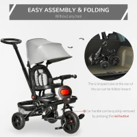 Qaba Tricycle for Toddler 4 in 1 Kids Trike, Foldable Converts Stroller to Toddler Bike, Adjustable Backrest & Curved Canopy, Detachable Guardrail & Handle for 1-5 Years Old, Grey(m-9)