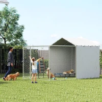 PawHut Galvanized Steel Dog Kennel Outdoor with Waterproof & UV-Resistant Cover for Large Dogs, 13.1' x 7.5' x 7.5'(m-1)